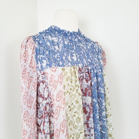 Free People Merrie Mix Floral Print Smocked Chiffon Tunic Rouched Blouse Lilac - Picture 6 of 16